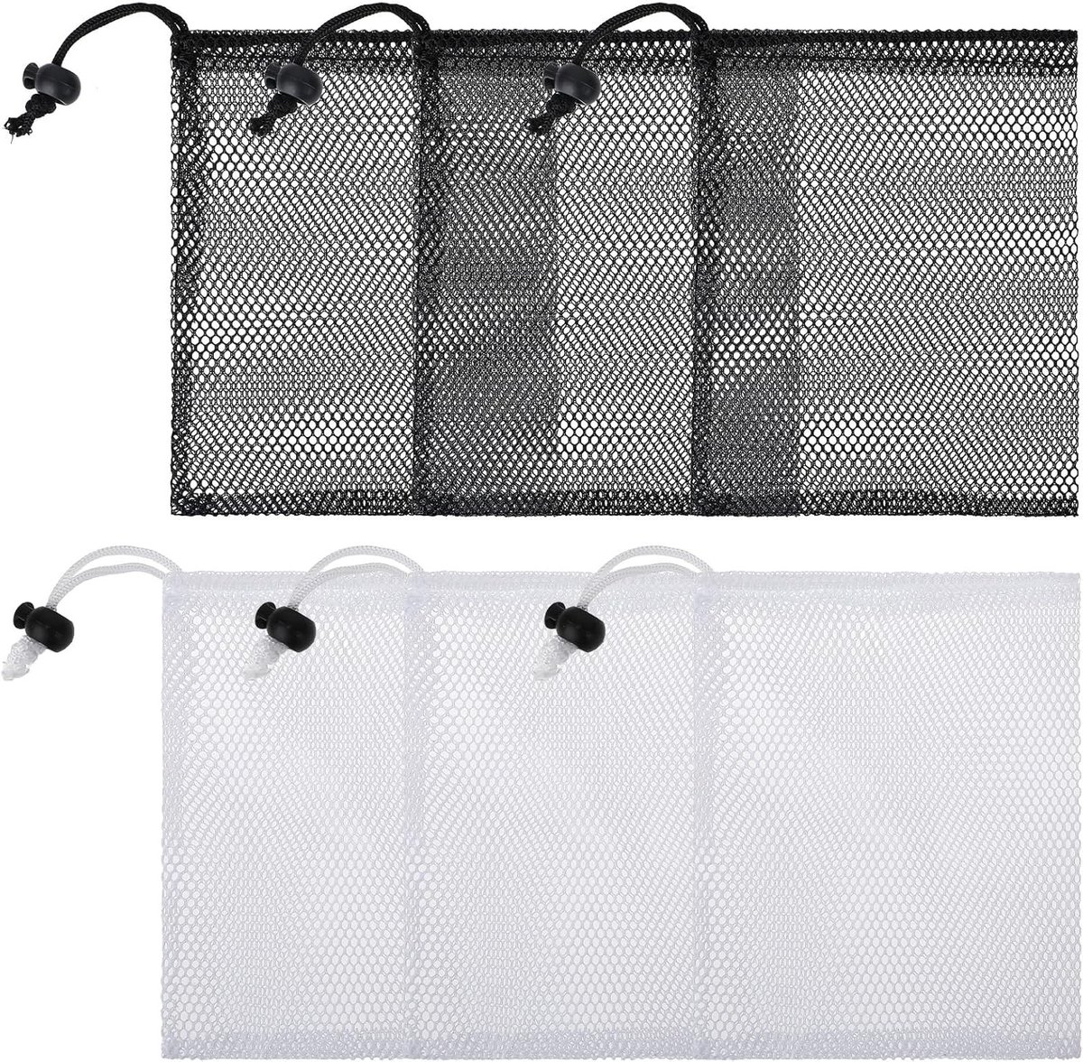 Set van 6 Kleine Mesh Tassen met Koordsluiting voor Reizen, Speelgoed en Cosmetica - Zwart en Wit (15 x 20 cm)