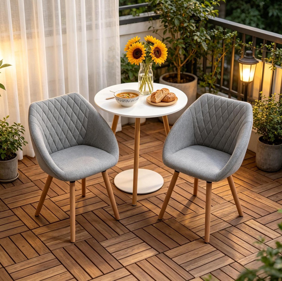 DESMIU Eetkamerstoel Set Van 2 60 X 56 X 79 Cm - Kuipstoel Met Armleuningen En Gestikt Patroon - Voor Eetkamer Woonkamer En Vergaderruimte - Stof Metaal Hout - Grijs Naturel Hout