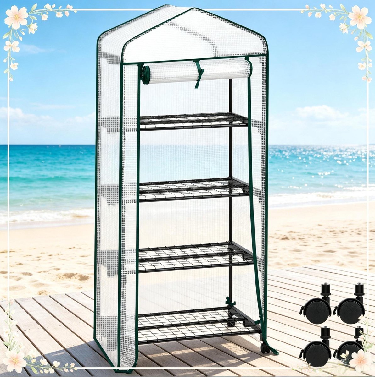 MODENUIT Kweekkas 70 x 50 x 163 cm - 4 Planken - Wielen - Oprolbare Deur - PE Zeil - Stalen Frame - Wit