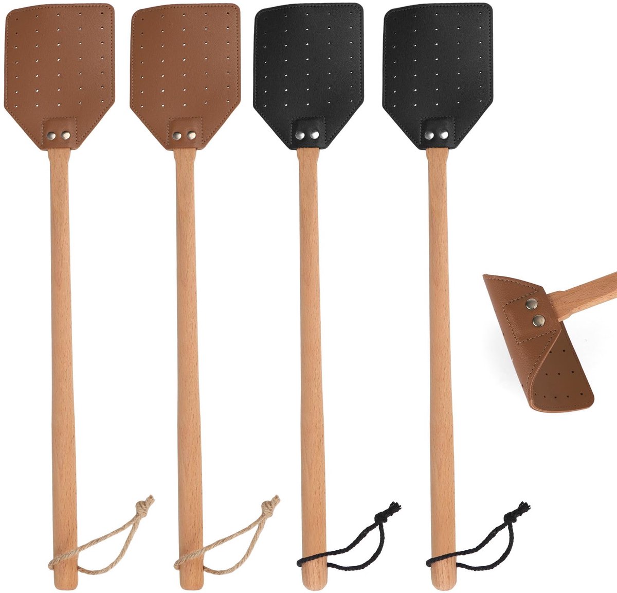2st Leren Vliegenmeppers, Lange Houten Steel Zware Handmatige Vliegenmeppers met Ophangkoord voor Thuis Keuken Binnen - ShopVlot