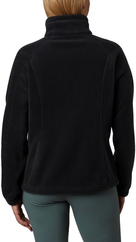 Achterkant van een zwarte Columbia fleece trui met rits.