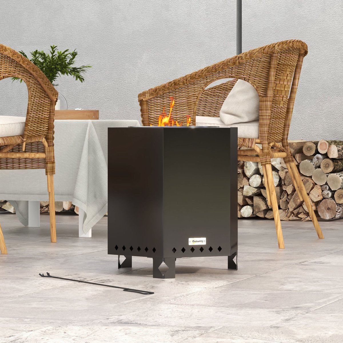 REDOM - Rookvrije tafelvuurkorf - Zeshoekige constructie met ventilatieopeningen en secundaire verbranding - Inclusief pook - Metaal - Tuin, camping en terras - Zwart - 45 x 38,8 x 46,5 cm