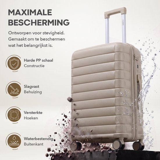 Beige koffer die water en aarde afstoot, met de tekst 'Maximale Bescherming'.