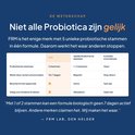 Tabel vergelijkt FRM Probiotica met andere schoonmaakmiddelen, met de nadruk op het aantal probiotische stammen en werkingsduur.