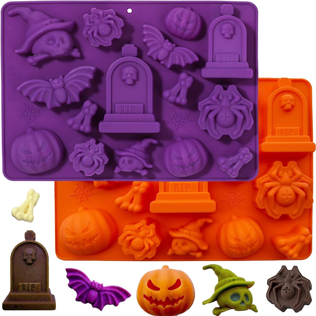 Halloween siliconen mallen - 2 stuks - 22,6*16,5*2cm - Siliconen cakevormen - Halloween voor het bakken van snoep, fondant, koekjes, mousse, cakes - Meerdere modellen - Gemakkelijk te gebruiken - Geschikt voor beginners en foodcrafters - Paars/Oranje