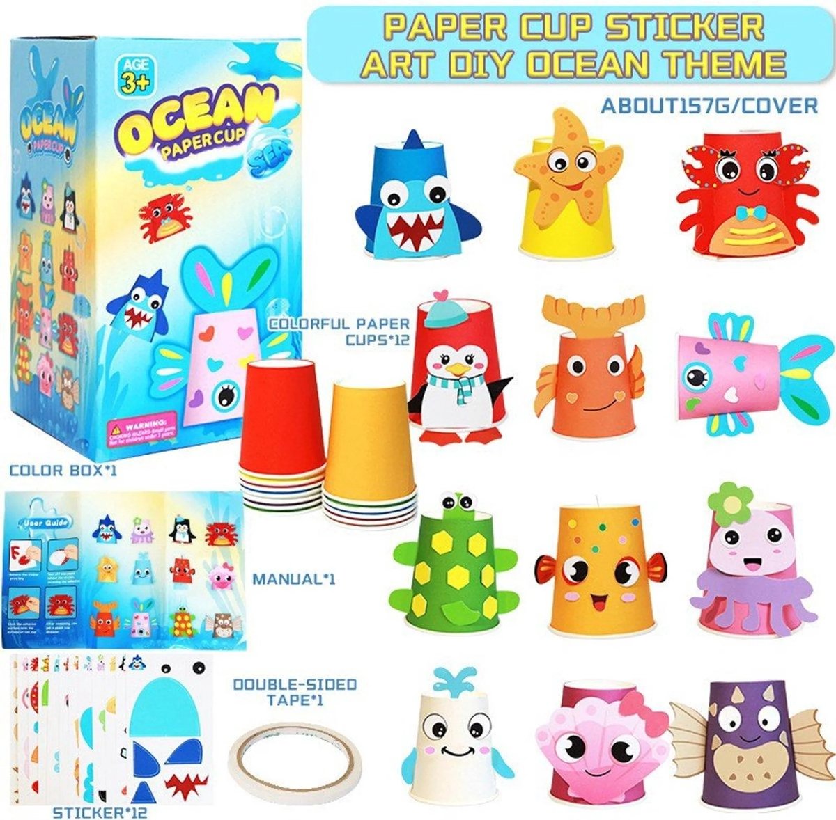 casalora - Zeedieren Knutselset - Knutselen Meisjes & Jongens - Creatief Speelgoed voor Kinderen - DIY dierenbekers - 3D knutselset met papieren bekerstickers - Educatief Speelgoed - Vanaf 3 Jaar