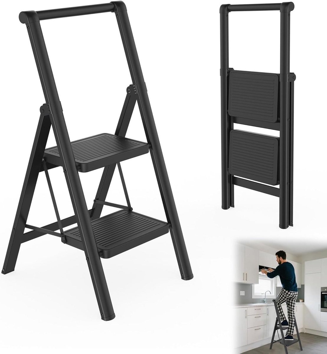 Inklapbare trapladder - Huishoudtrap met leuning - Veilig klussen thuis - Brede antislip treden - 2 treden - Zwart