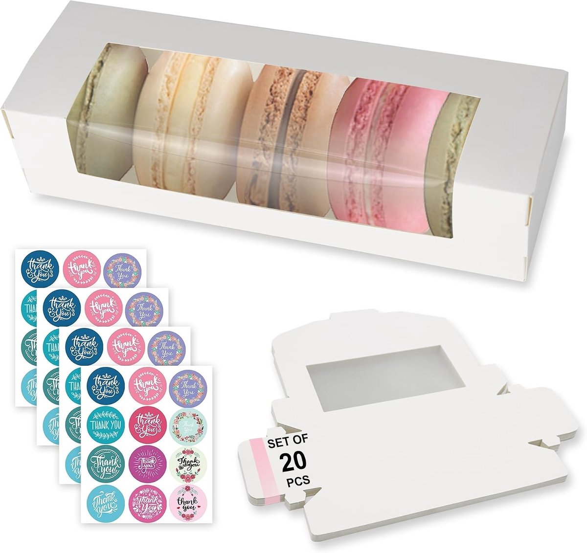 20 Stuks Witte Macaron Dozen voor 7 Macarons met Stickers, 21.8cm x 7cm x 5cm, Ideaal voor Taart, Snoep en Gebak Verpakking met Venster