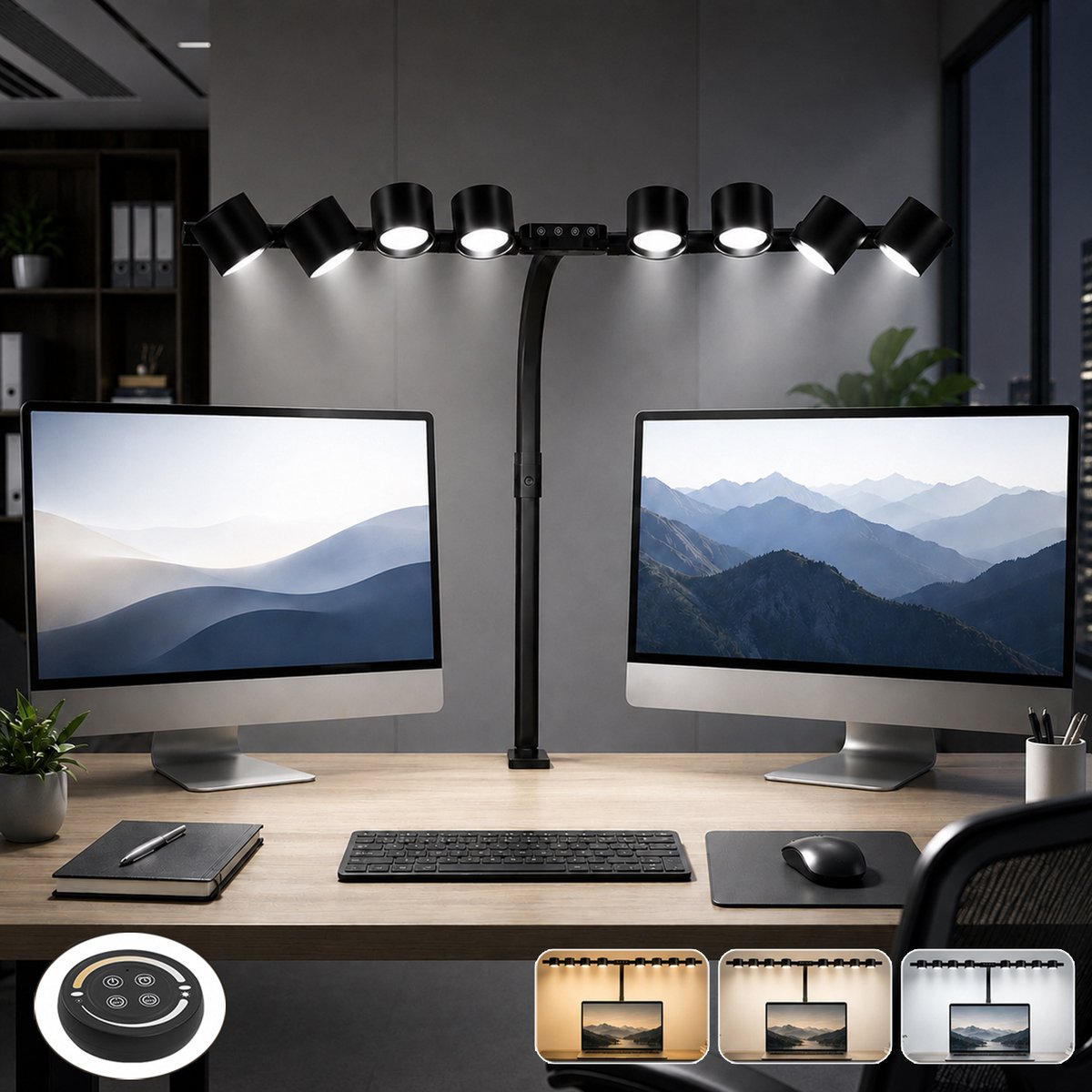 Rosnek LED Bureaulamp met Klem 1400lm - 8-Kops Architectenlamp Zwart - Dimbaar met Afstandsbediening - Monitorlamp voor Meerdere Schermen - Werkbanklamp voor Studio - Hobbylamp voor Tekenen en Handwerk