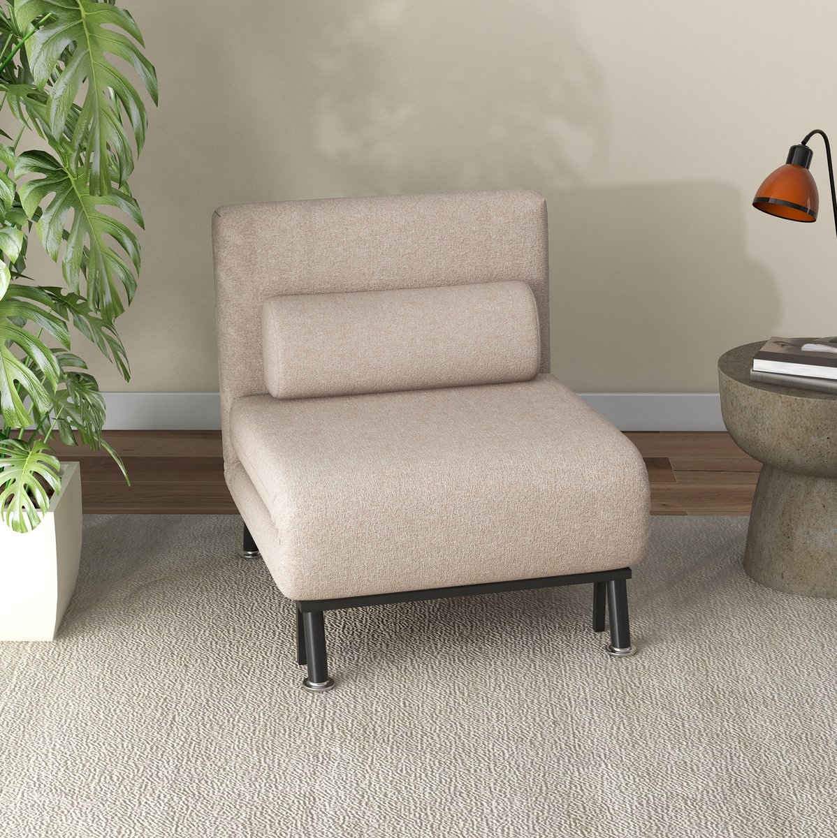 REDOM - Fauteuil met bedfunctie - Verstelbare rugleuning - Handmatig uitklapbaar - Met rugkussen - Moderne stijl - Woonkamer - Stof - Beige - 75 x 70 x 75 cm