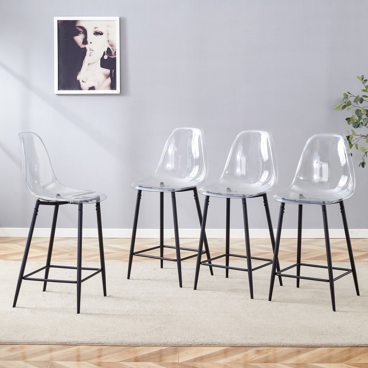 MIVRAY Barkruk Set Van 4 Transparant Design Met Rugleuning Voor Keuken Bar En Eetkamer Kunststof En Metaal Zwart