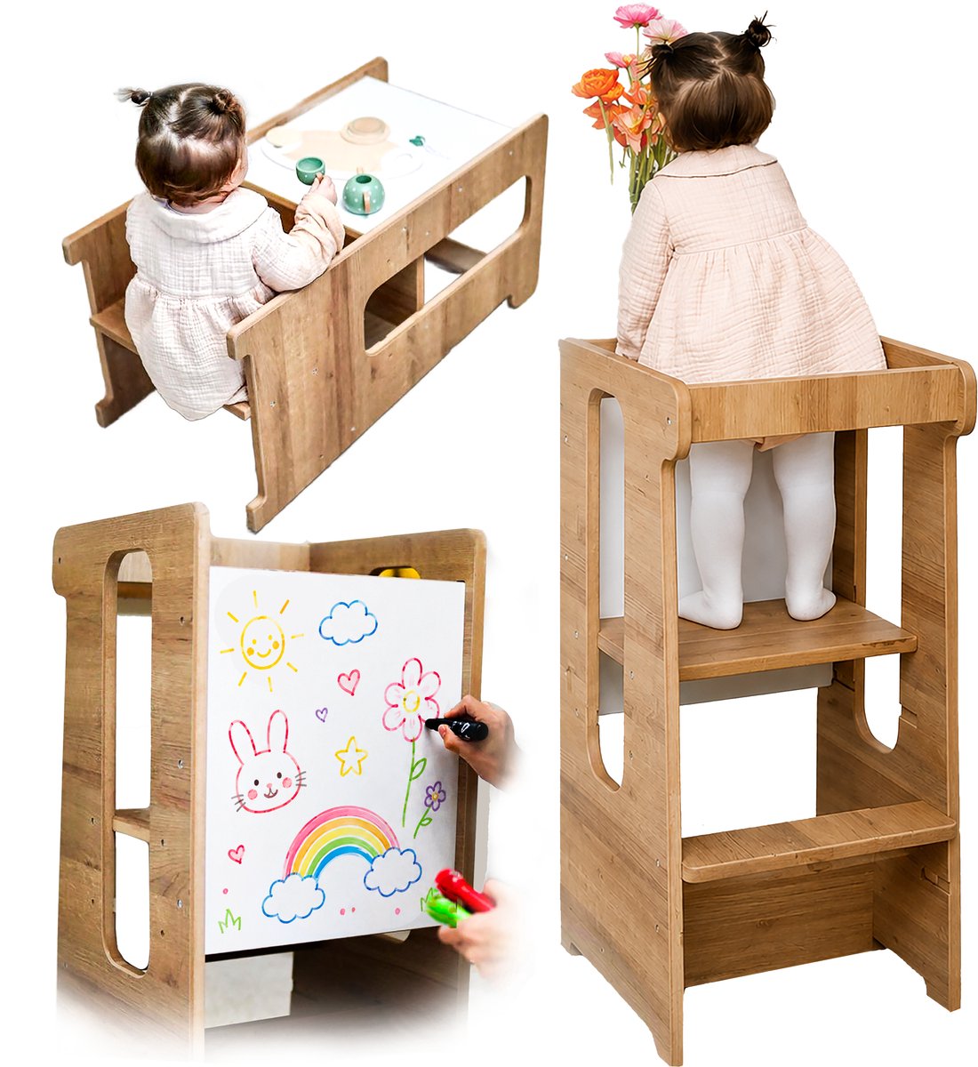 3 in 1 Leertoren - Leertoren Keukenhulp - Leertoren Montessori - Learning Tower - Keukentoren - Opstapje - Kindertrap