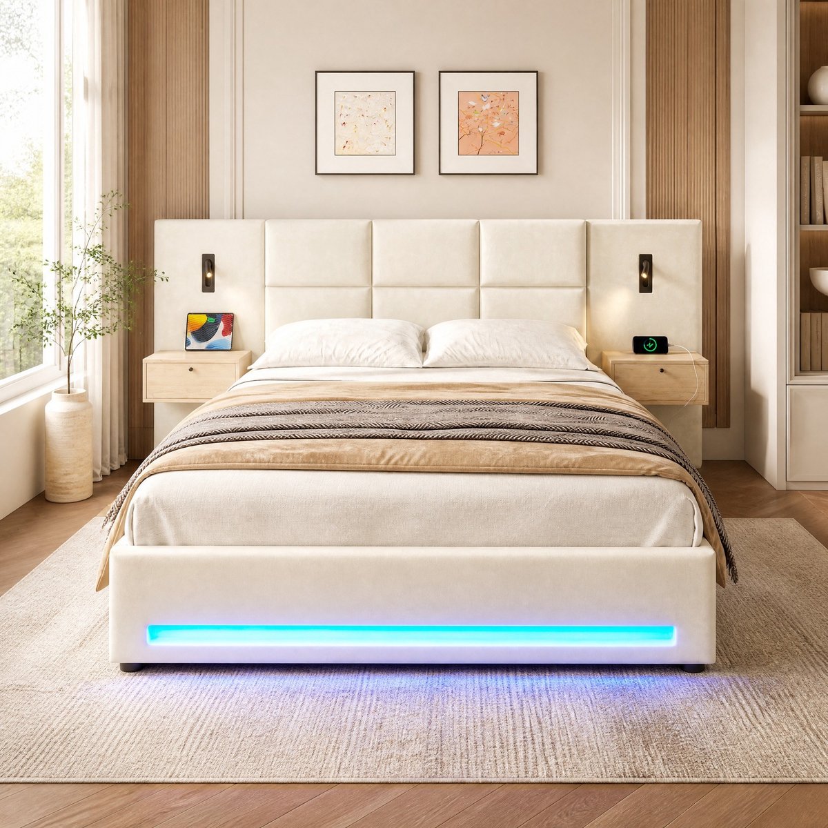 Wishdor Tweepersoonsbed 180x200 cm - Gestoffeerd velours - Opbergruimte led usb-c - Modern design - Slaapkamer volwassenen - Beige - Metalen frame - 270 x 210 x 105 cm