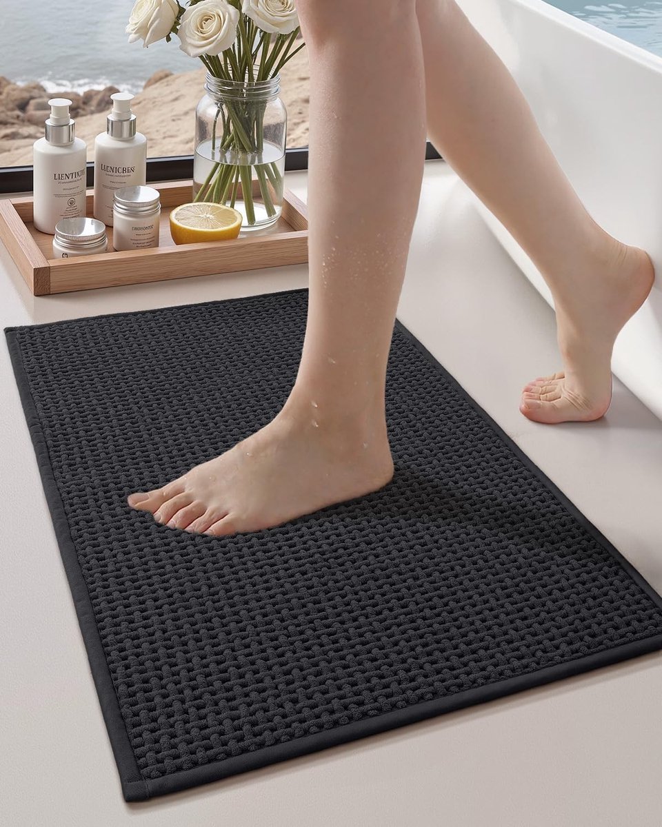 Elzusha - Chenille Rubber Badmat - Antislip, Absorberend, Wasbaar - Zwart 44 x 75 cm
