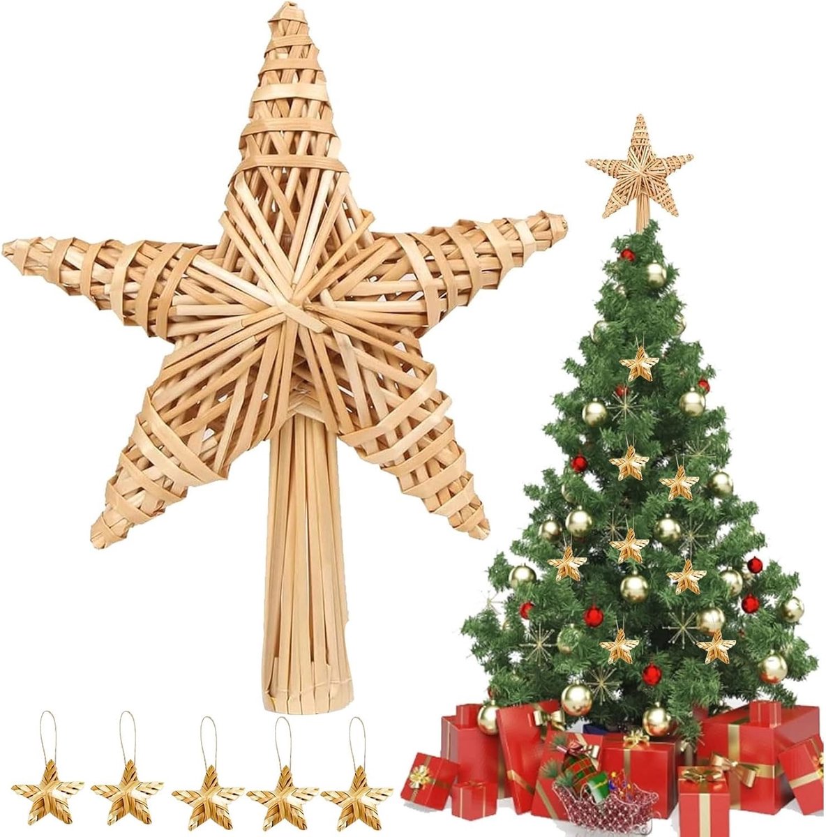 Kerstboomtopper met een rieten ster, decoratieve kerstversiering, kerstster voor boom, unieke kerstboomdecoratie en rieten kerstdecoratie