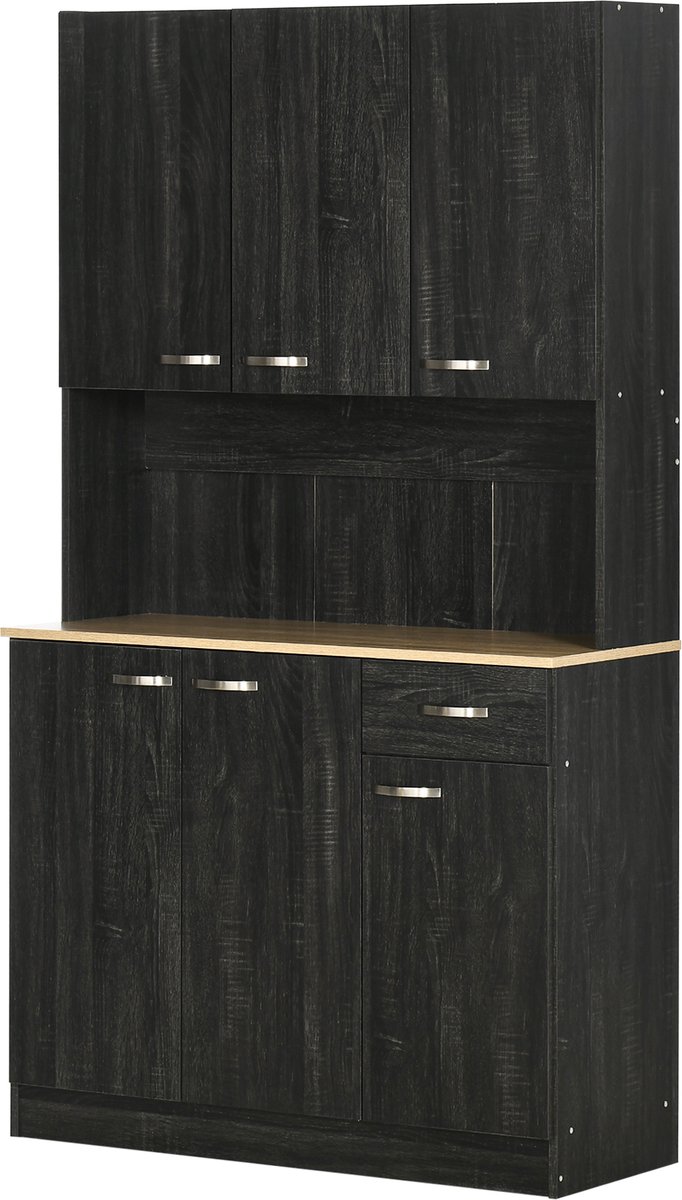 Grote keukenkast met magnetronvak, modern en multifunctioneel, 6 deuren en 1 lade - ruimtebesparende keukenkast in zwart, veel opbergruimte, afmetingen: 101 x 180 x 39 cm (B x H x D)