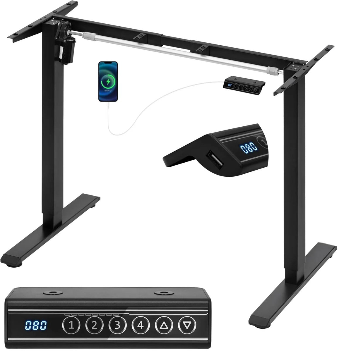 Klarven® Zit-sta Bureauframe Zwart - Elektrisch Bureauframe - Bureau - Bureautafel - Verstelbaar frame, 4 geheugenposities, USB-poort, belastbaar tot 70 kg - B86xd53xh9cm