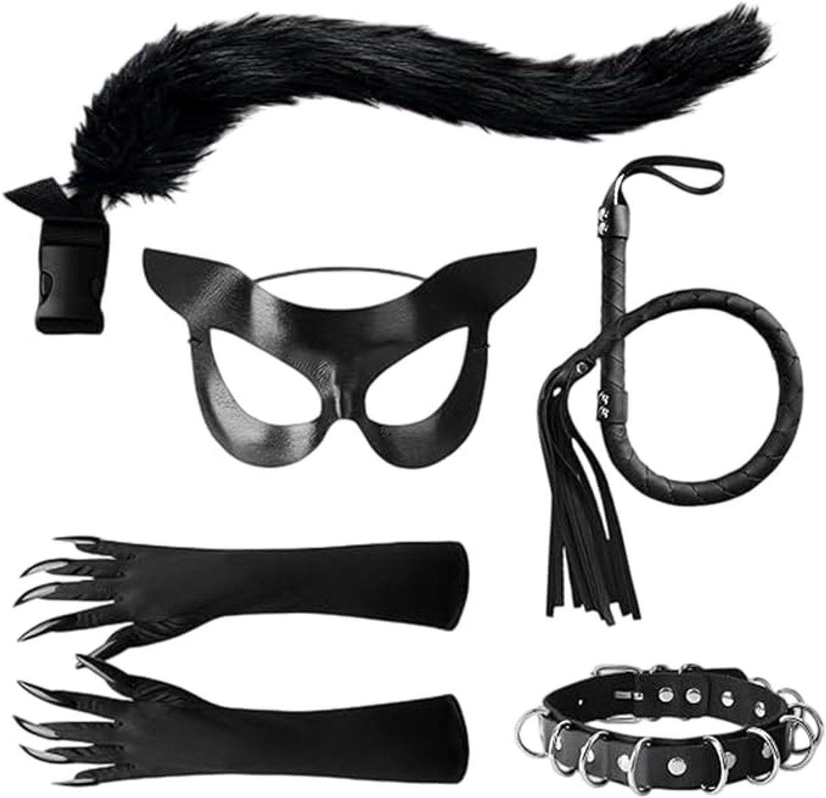 Halloween Kostuum Accessoires Set met Kattenmasker, Zwart, 5 Stuks