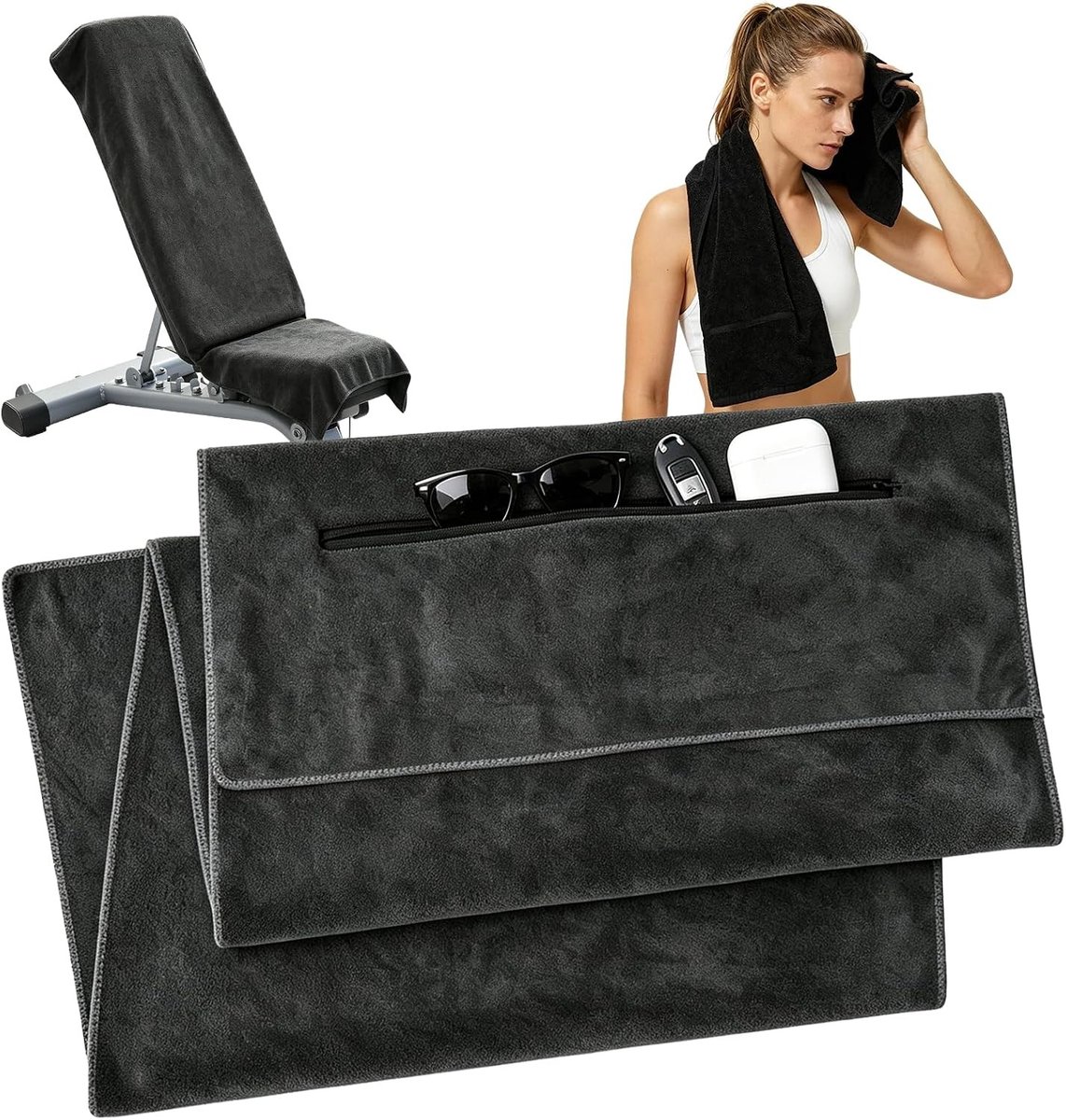 Microfiber Fitness Handdoek 120x50cm met Rits en Bevestiging, Ideaal voor Gym, Training en Sportactiviteiten