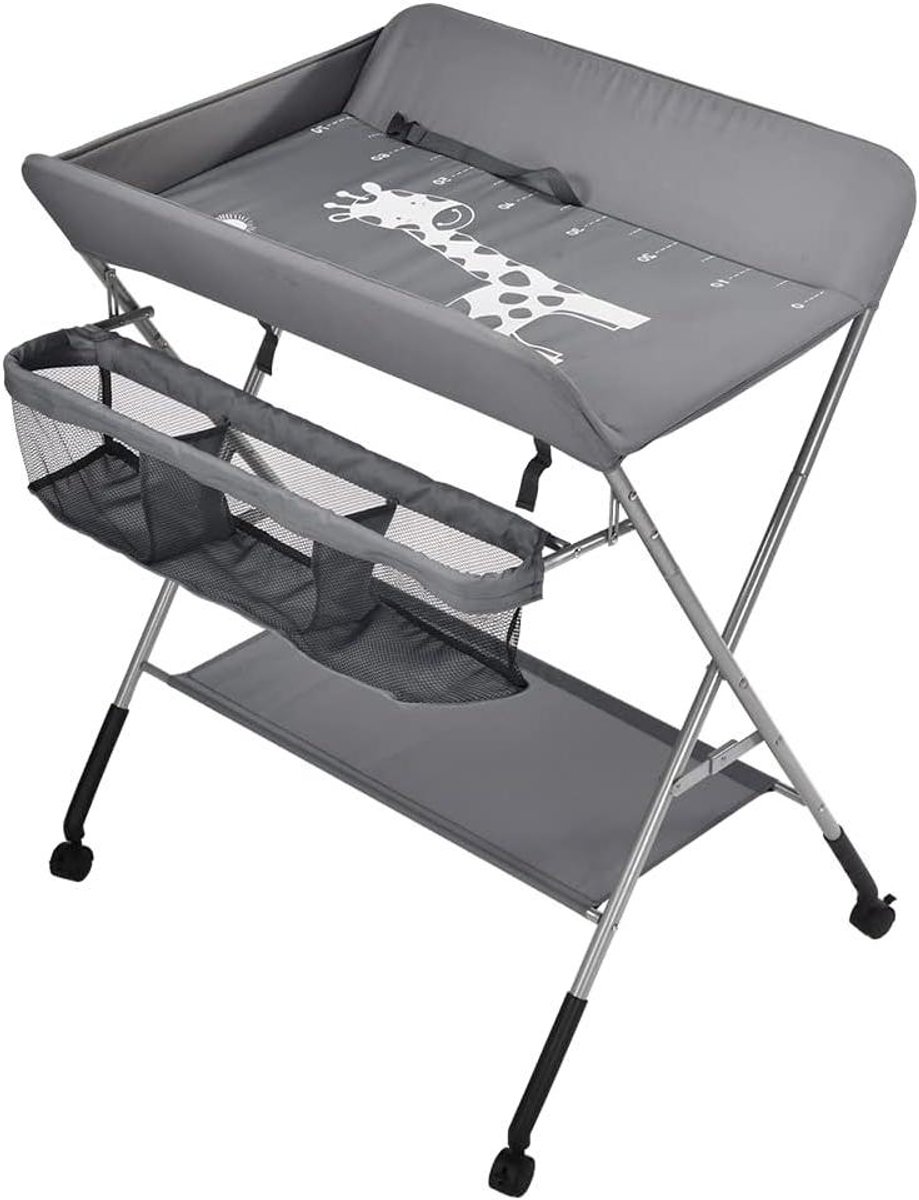 Baby Verschoontafel - Commode Tafel - Baby Verzorging - Inklapbaar Met Opbergruimte - 80 x 65 x 99 cm - Donkergrijs