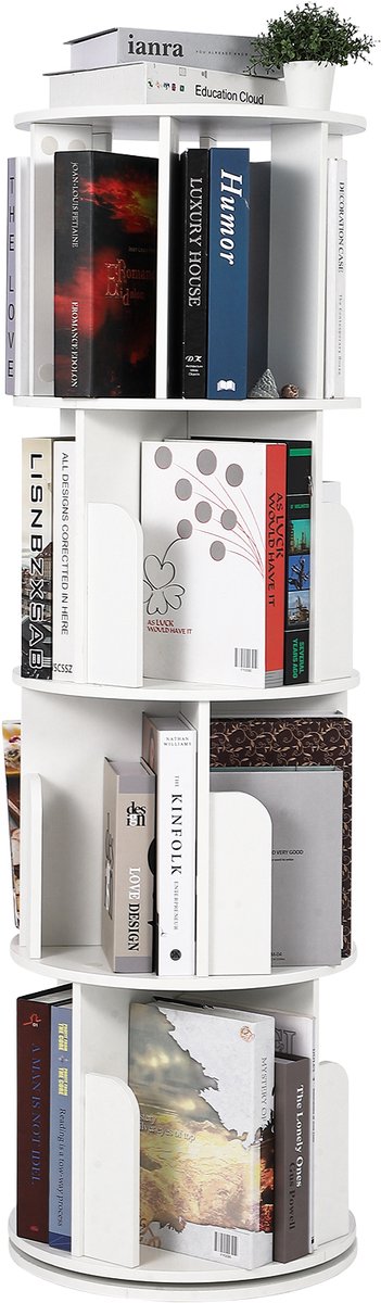 Draaiende Boekenkast 360 Graden 4 Lagen - 40x40x132cm - Staande Boekenkast Hout - Display Opbergrek - Ruimtebesparend Hoekrek - Voor Woonkamer Slaapkamer - Wit