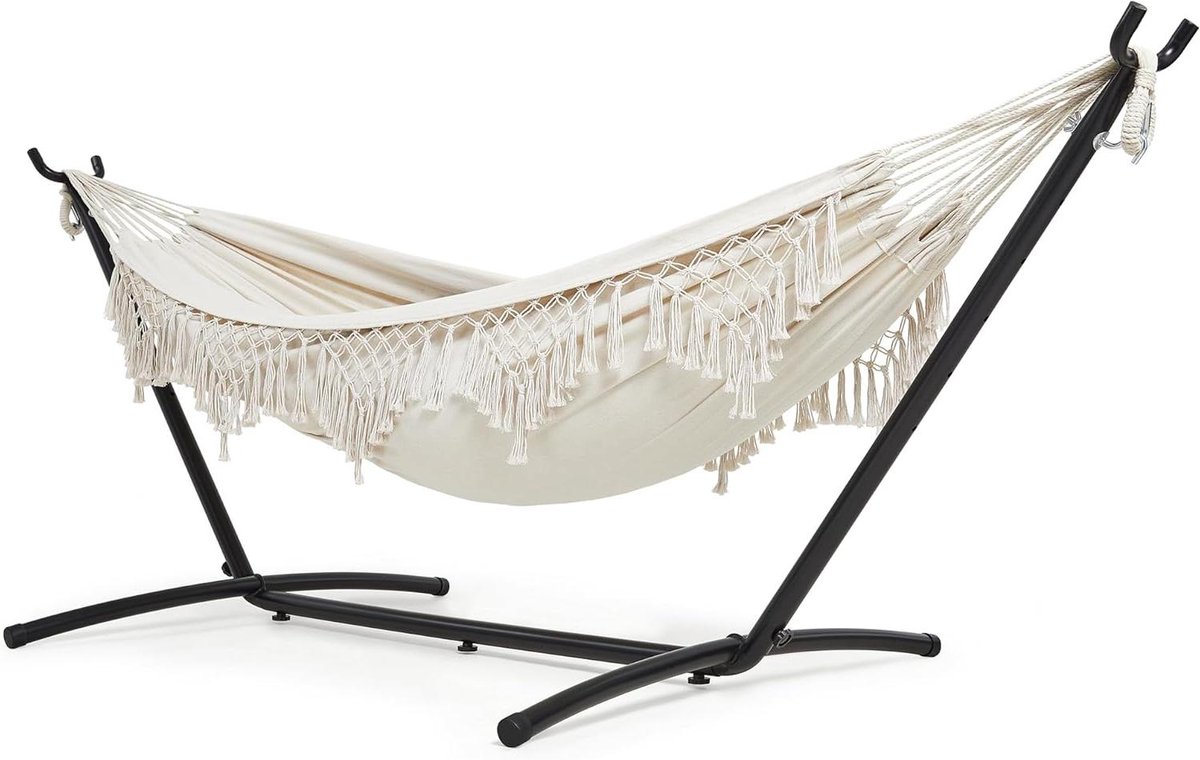 Hangmat met Standaard - Dubbele Hangmat - Buiten Ontspannen - Verstelbare Hoogte - 270 cm Lang - Beige