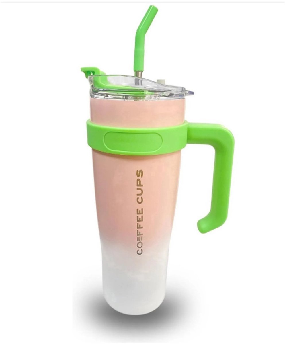 Thermosbeker 1200ml-met handvat en rietje deksel-Lekvrije reiskoffiemok-Dubbelwandige geïsoleerde beker van roestvrij staal-Auto Thermosbeker-Voor kantoor, sport, ijsdrank, warme drank-met DIY-stickers