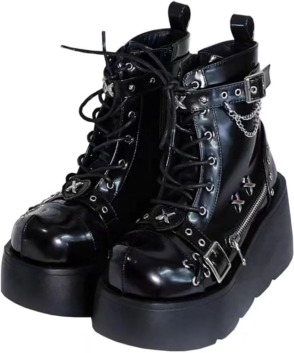 Dames Gothic Enkellaarsjes met Bat Wing Buckles en Dikke Blokhakken voor Punk en Motorstijl