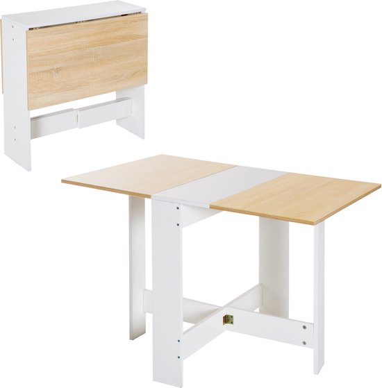 Une petite table pliante blanc et bois à moitié pliée et une table entièrement dépliée, sur fond blanc.