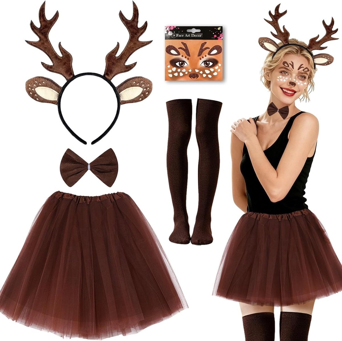 Vijfdelige Halloween Rendier Kostuumset voor Dames met Tulle Rok, Hoorn Haarband en Make-up voor Feestjes en Carnavals Thema's