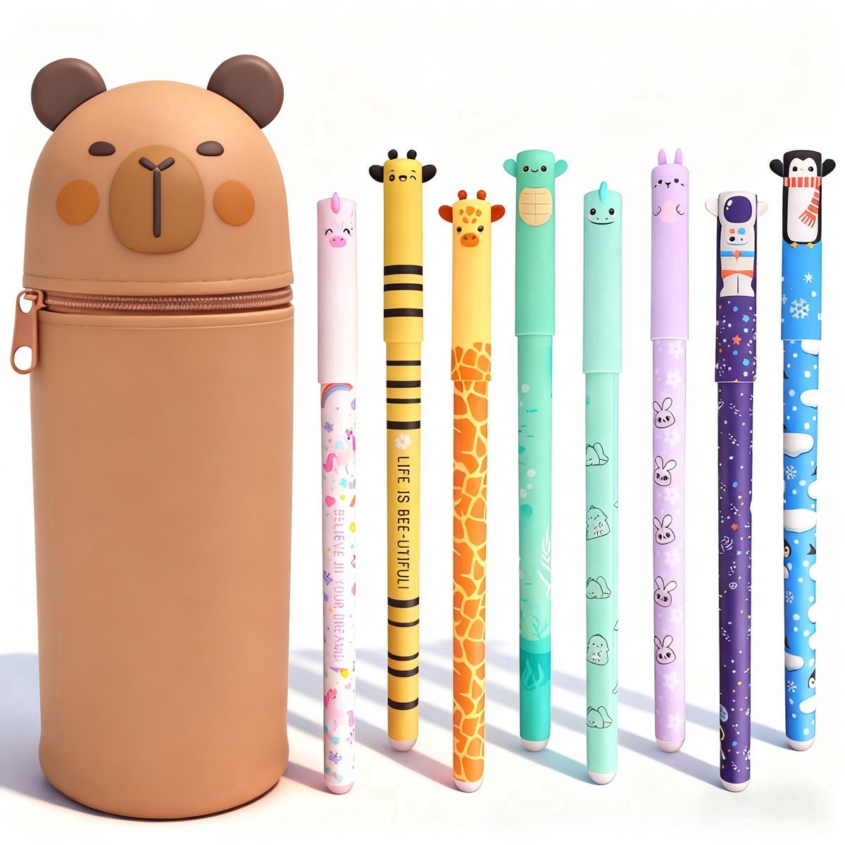 casalora - Uitwisbare pennen 8 kleuren - Gelpennen met capibara siliconen etui - Teleskopische Capybara Pennenzak - 0,6 mm Cartoon Patroon Dierenpen voor Schoolspullen van Kinderen of Kantoorbenodigdheden voor Volwassenen - Cadeauset - Balpennen