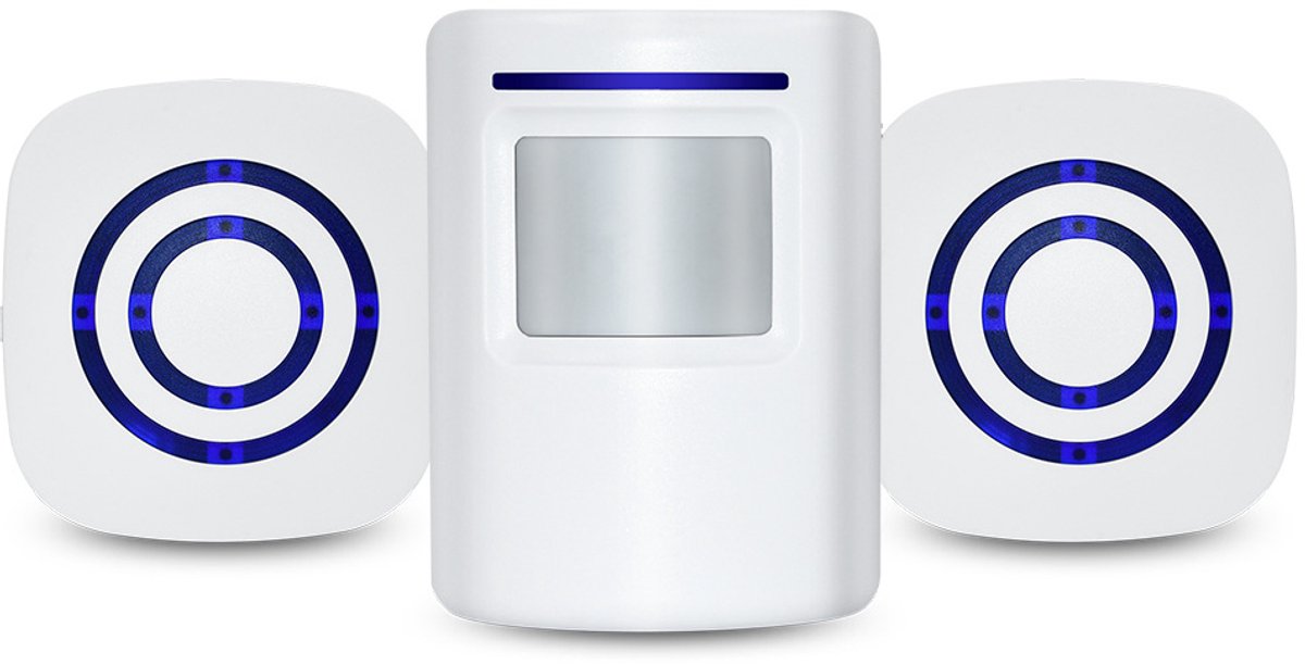 Bewegingssensor Alarm, Draadloos Binnen Beveiligingssysteem en Elektrische Deurbel, 2 Bewegingsdetectoren en 1 Alarm, 90 meter draadloos bereik, 38 beltonen, dempstand, LED‑indicator, instelbare beltonen