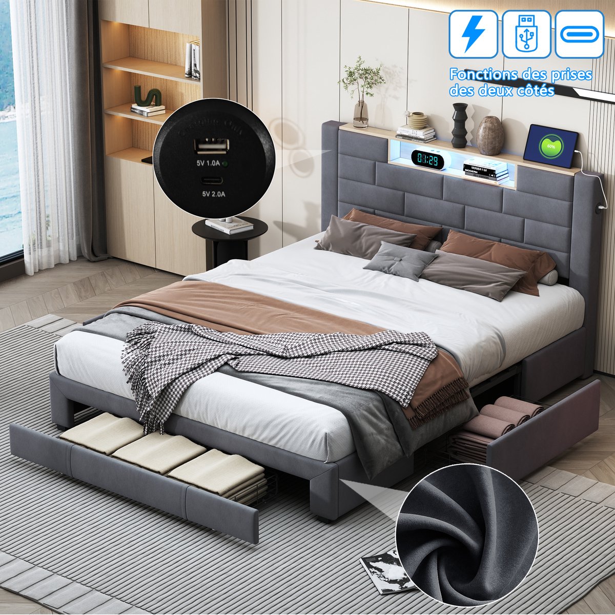 Tweepersoonsbed 140x200 cm met lattenbodem,bedframe met 3 grote opberglades en LED-lichtstrip, Gestoffeerd hoofdbord met USB-poort, fluwelen Grijs