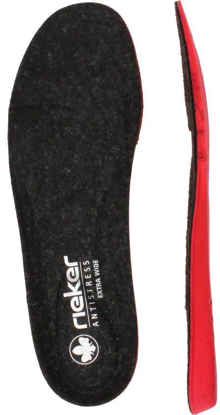 Zwarte inlegzool met rode rand en 'Rieker antistress extra wide' tekst.