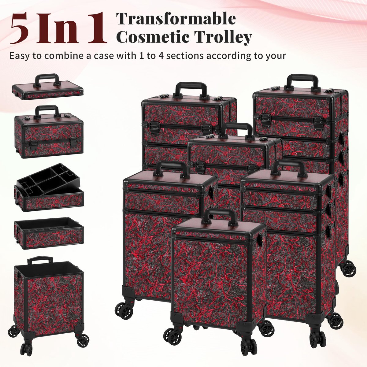 Arous Rollende Make-up Trein Koffer 5-in-1 Cosmetische Trolley Organizer Reisslotbare Salon Kapper Karretje Koffer met - ShopVlot