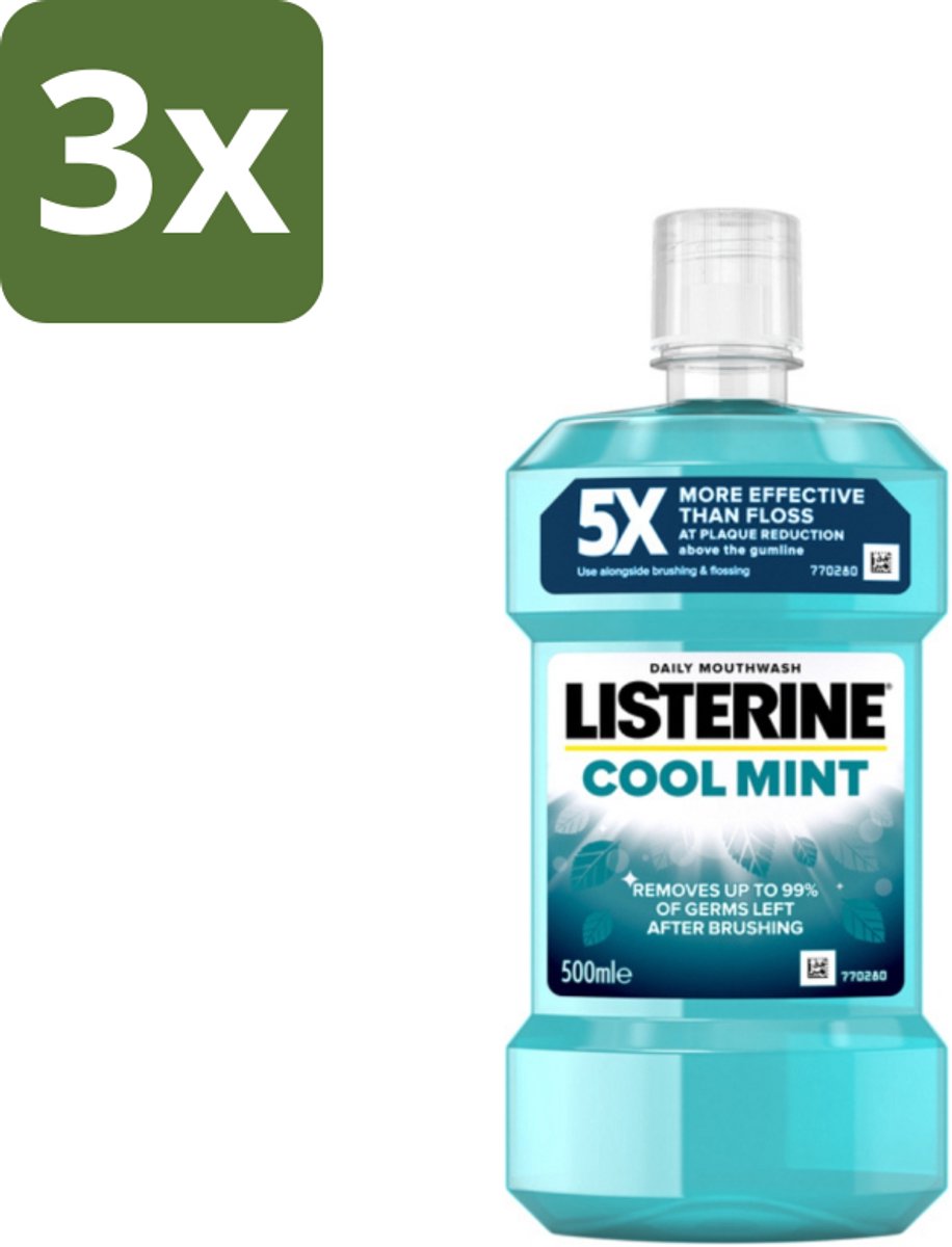 3 x Listerine - Mondwater - Cool Mint - Verfrissend - 500 ml - Mondwater - Mondspoeling - Antibacterieel Mondwater - Frisse Adem - Tandplak
