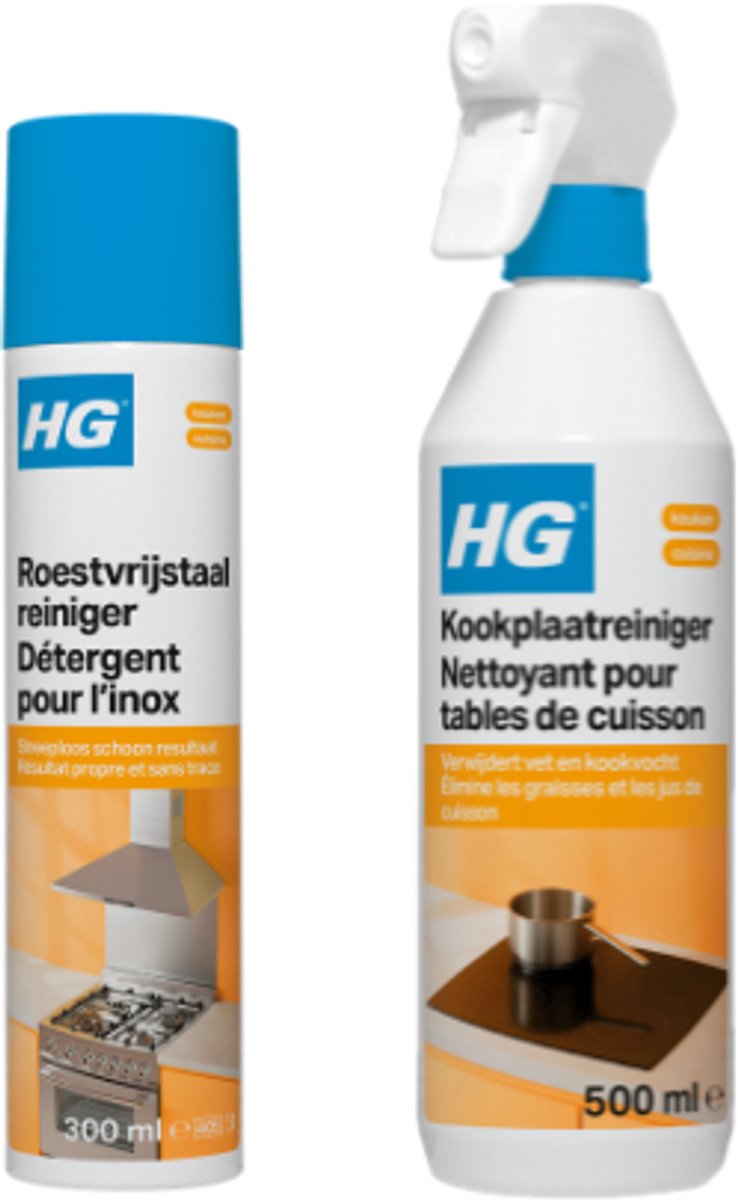 HG Keuken Reinigingsset – Roestvrijstaal Reiniger 300 ml + Kookplaatreiniger 500 ml – Voor RVS & Kookplaten