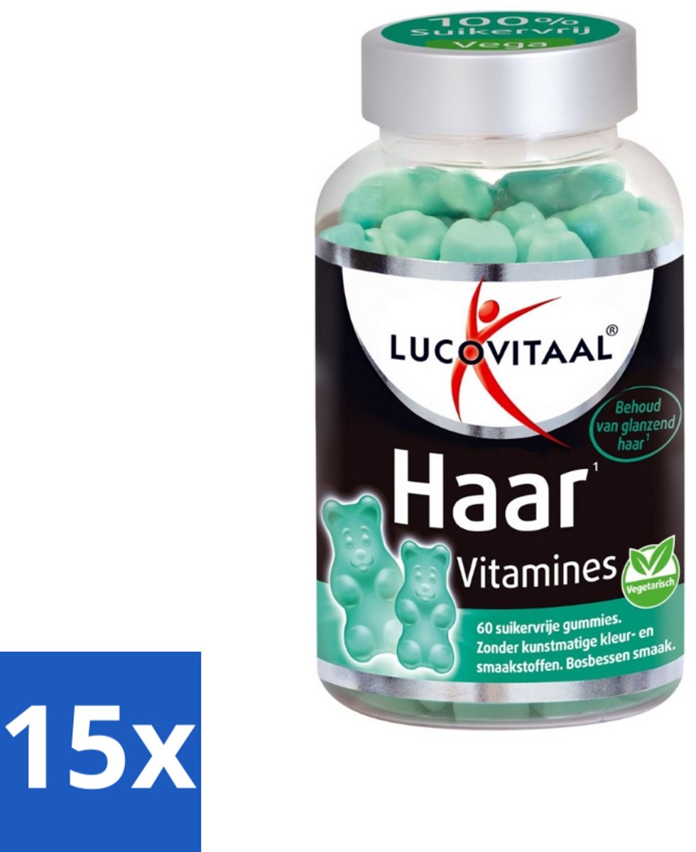 15 x Lucovitaal - Supplement - Haar Vitamines - Suikervrij - Bosbessen Smaak - 60 Gummies - Haar Vitamines - Haar Groei - Biotine - Zink - Suikervrije Gummies