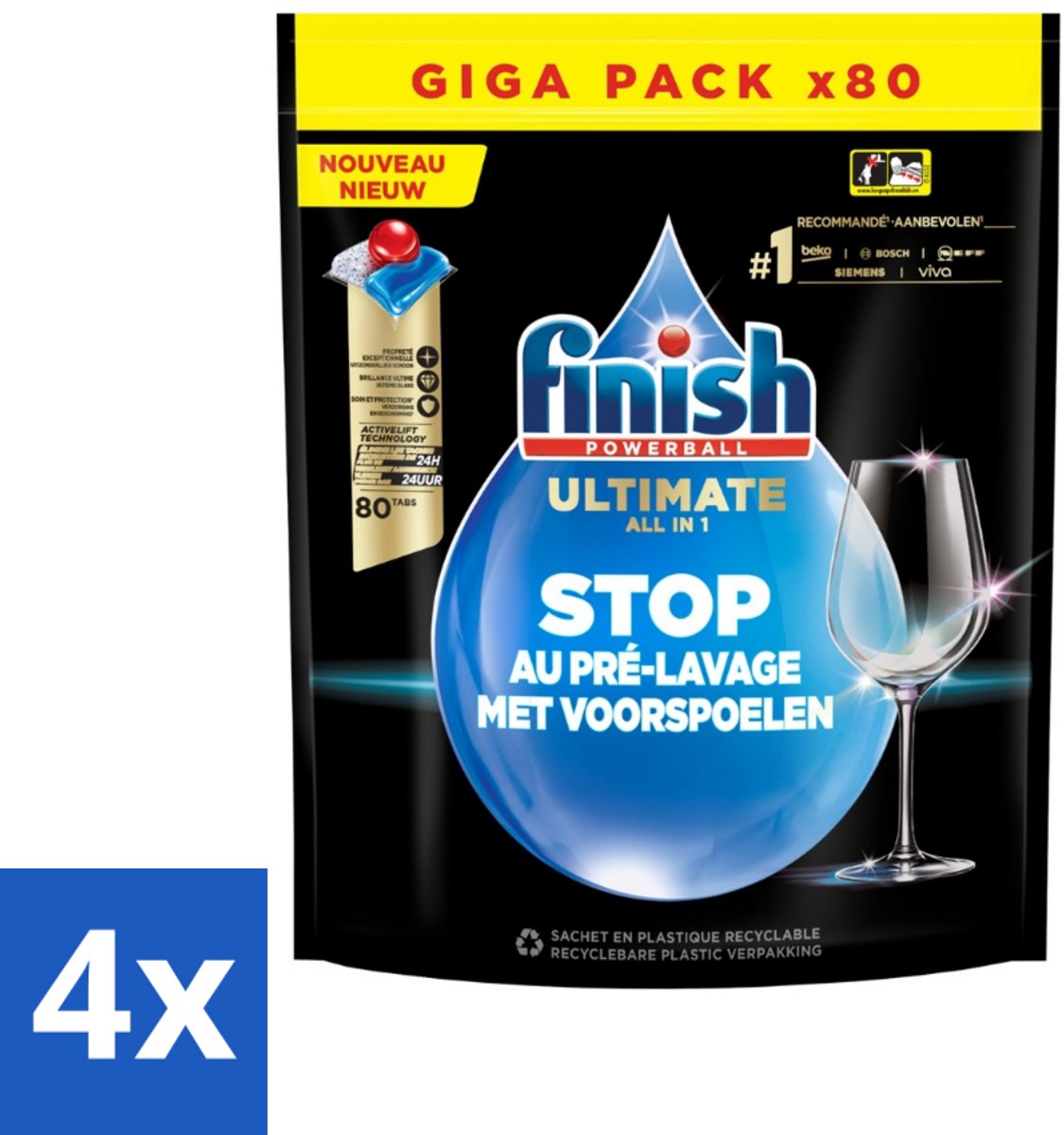4 x Finish - Powerball - Vaatwasmiddel - Ultieme Alles In 1 - Glansspoelmiddel - 80 Wasbeurten - Vaatwasmiddel - Vaatwasmiddel Capsula - Reiniging Vaatwas - Glans Borden - ACTIVLIFT™ Technologie