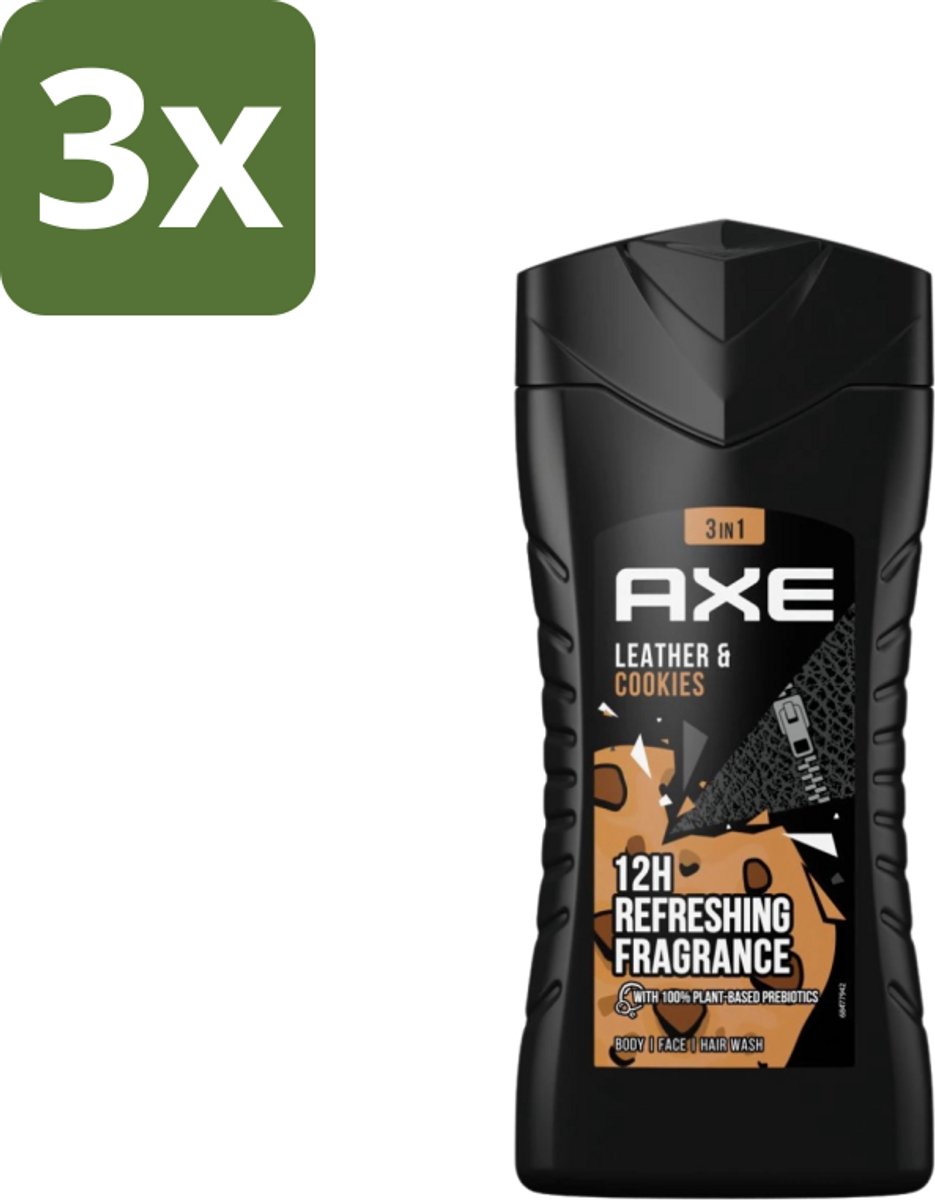 3 x Axe - 3-in-1 Douchegel - Leather & Cookies - 100% Plantaardig - 250 ml - 3-in-1 Douchegel - Douchegel Voor Lichaam - Douchegel Voor Gezicht - Douchegel Voor Haar - Geur Leer En Koekjes