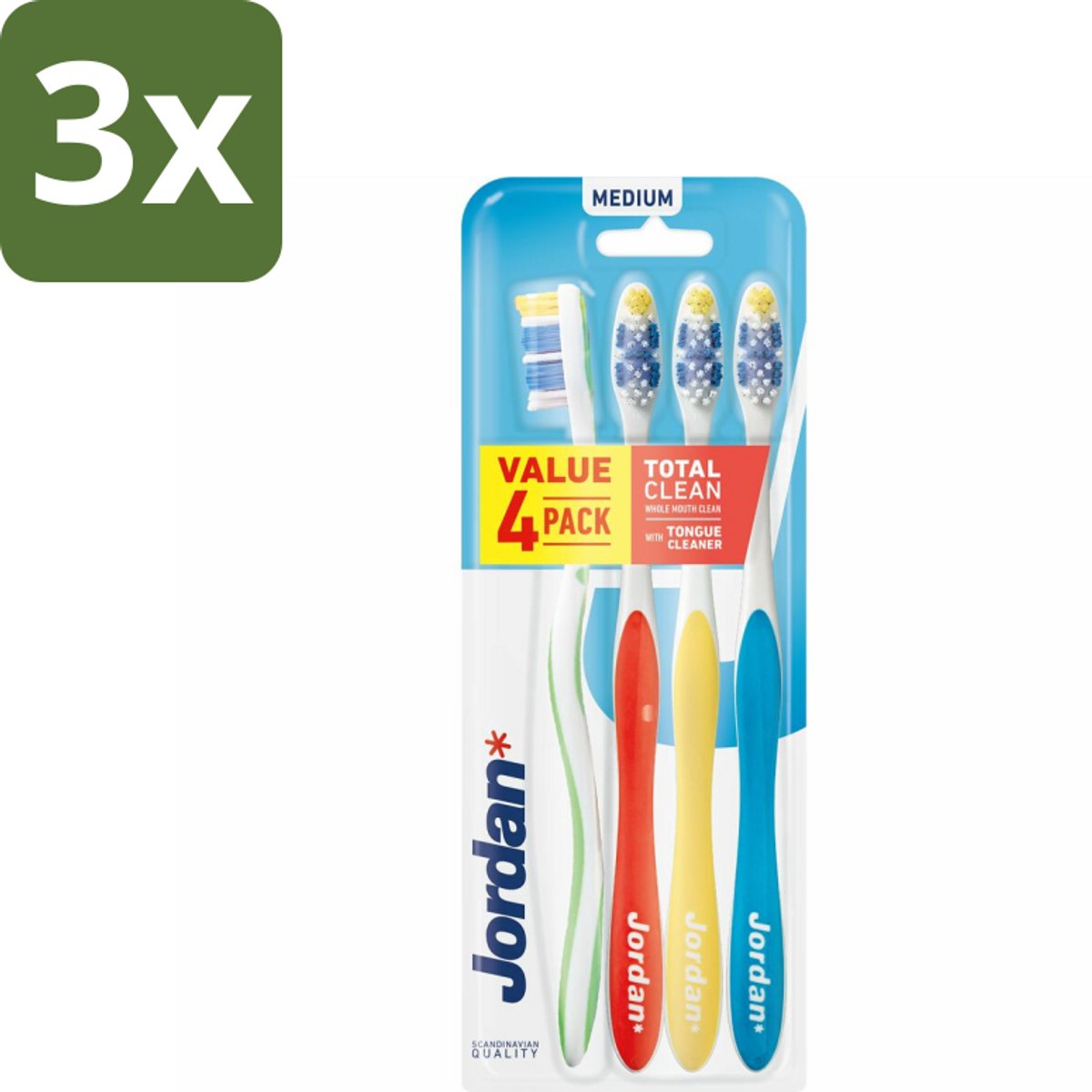 3 x Jordan Tandenborstel Total Clean Medium 4-pack 4 stuks per verpakking - Tandenborstel - Mondverzorging - Tandenborstel Set - Tandenborstel Medium - Tandenborstel Voor Gezin