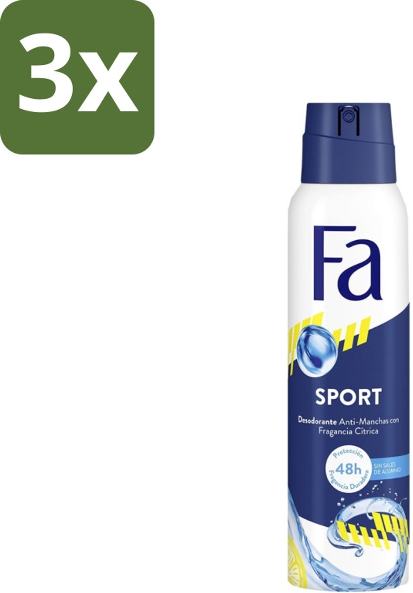 3 x Fa - Deodorant Spray - Sport - Citroen - Tegen Vlekken - 48 uur Bescherming - 150 ml - Deodorant Spray Sport - Citroengeur - Anti Vlekken - 48 Uur Bescherming - Zweetgeur Bestrijding