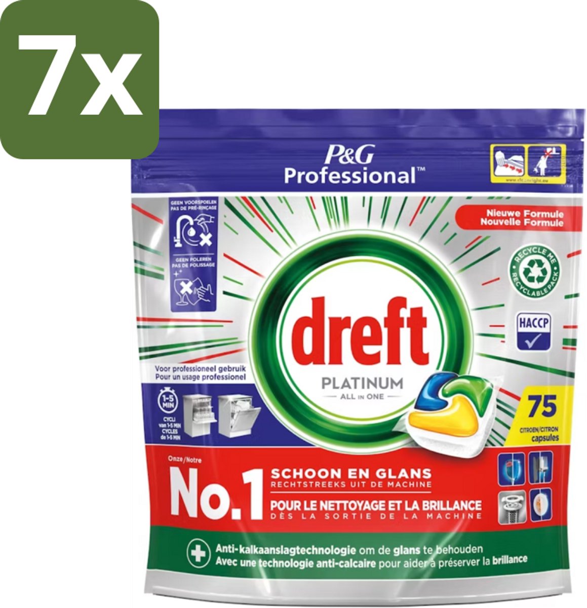 7 x Dreft Professional - Platinum All In One - Vaatwascapsules - Citroen - Antikalkaanslag - 75 Capsules - Vaatwassen - Vaatwasser - Vaatwasmiddel - Vaatwascapsules - Antikalkaanslag