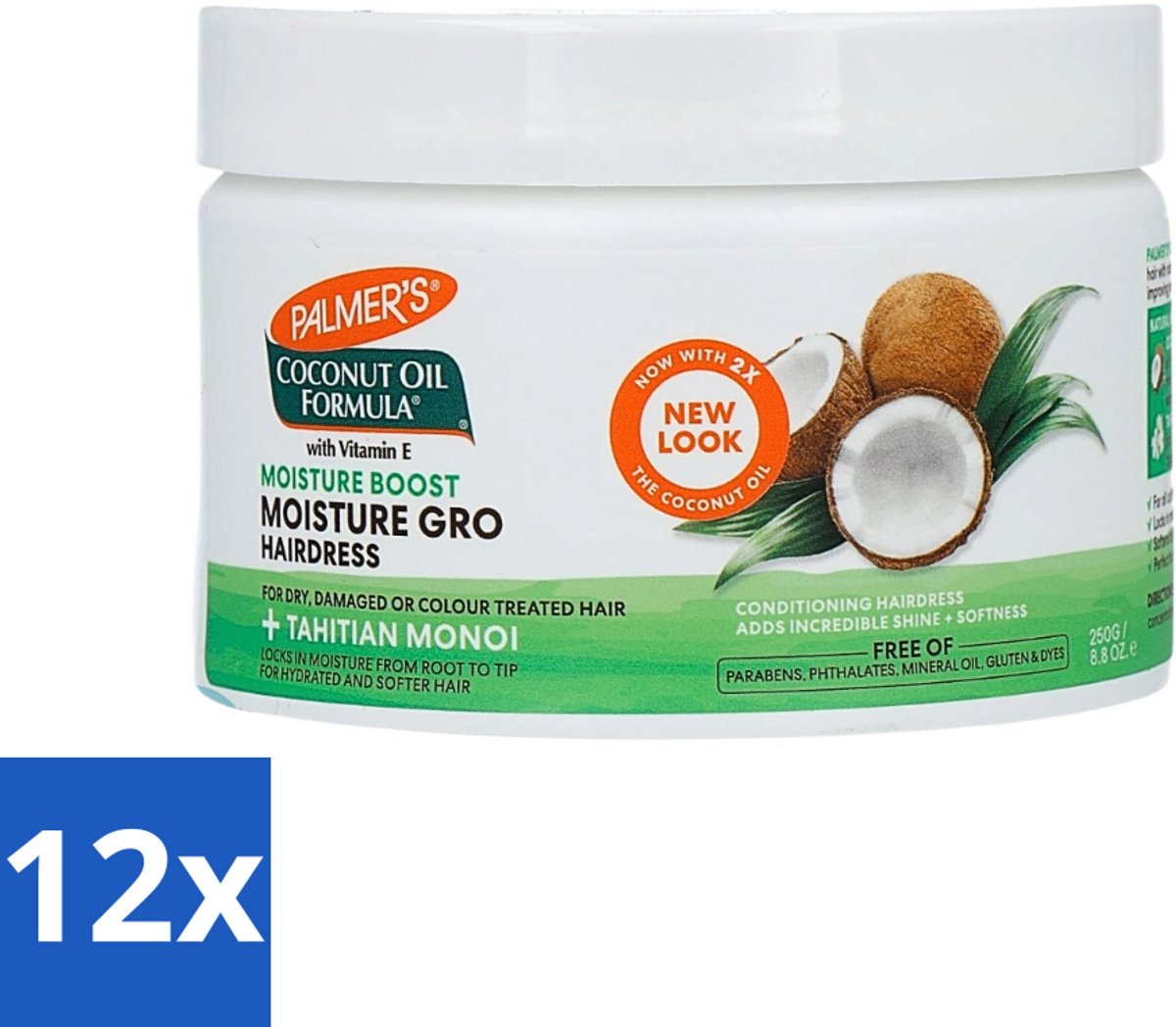 12 x Palmers - Cremespoeling - Coconut Oil - Condit Pot - 250 ml - Kokosolie Conditioner - Haarvoeding - Droog Haar - Beschadigd Haar - Haarherstel
