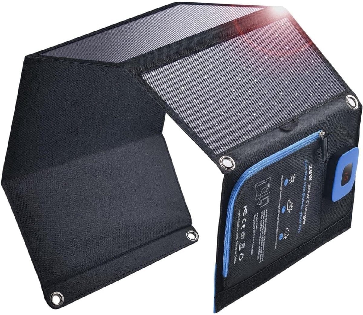 Klarven® Zonnepaneel Opvouwbaar Blauw - 28W Zonnelader met Digitale Ampèremeter - Dubbele USB-poorten voor Snel Opladen Onderweg - B 16 x D 4 x H 29 cm
