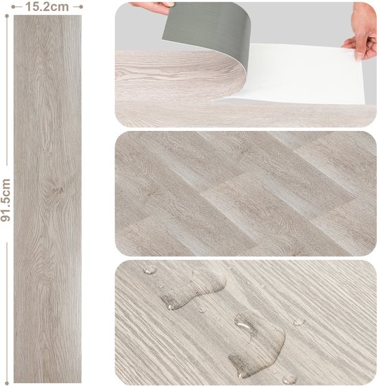 Vloerplank van 91,5x15,2cm getoond met installatiedetails, waterbestendigheid en legpatronen.