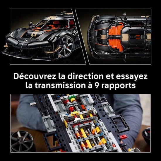 Zwarte LEGO-auto met oranje accenten en details van de transmissie en aandrijflijn. "Ontdek de besturing en probeer de 9-traps transmissie".