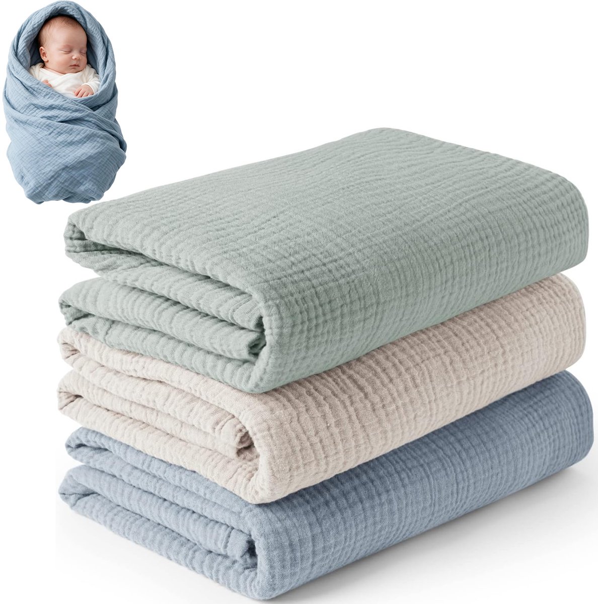 Baby dekentje- Deken wieg- Baby deken katoen- Set van 3- 100x100cm- Wikkeldoek -Omslagdeken-Baby deken wieg-multifunctioneel Inbakerdoeken-100% Katoen-Groen, Blauw, Abrikoos