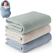 Baby dekentje- Baby deken katoen-Deken wieg -Katoenen deken- Set van 3- 100x100cm- Baby badhanddoek- Wikkeldeken baby-Omslagdeken- Multifunctioneel Inbakerdoeken-100% Katoen-Groen, Blauw, Abrikoos