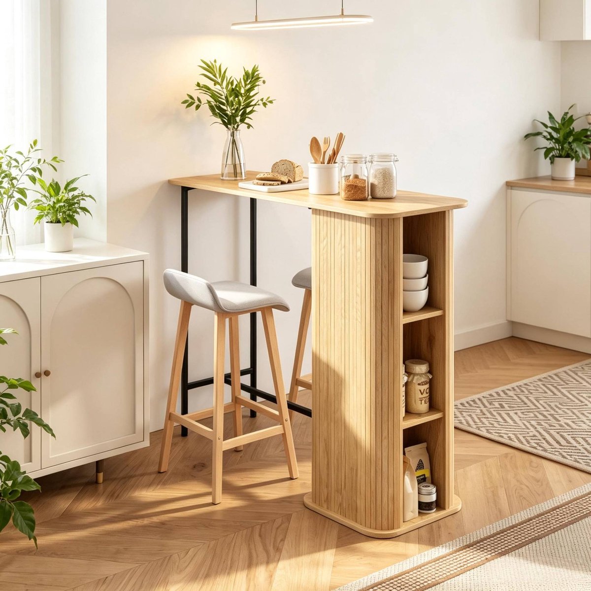 Bartafel Met Drie Open Opbergvakken En Metalen Poten Voor Keuken Ontbijthoek En Barruimte Houtlook Zwart 112x50x106 Cm